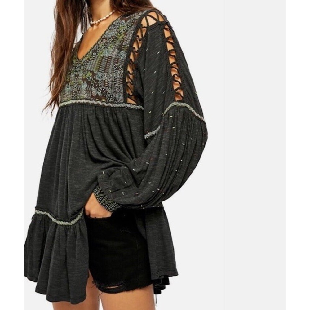 $148 Free People Much Love Tunic / Mini Dress Embroidered Cutout Back Black Sz S - Picture 5 of 12